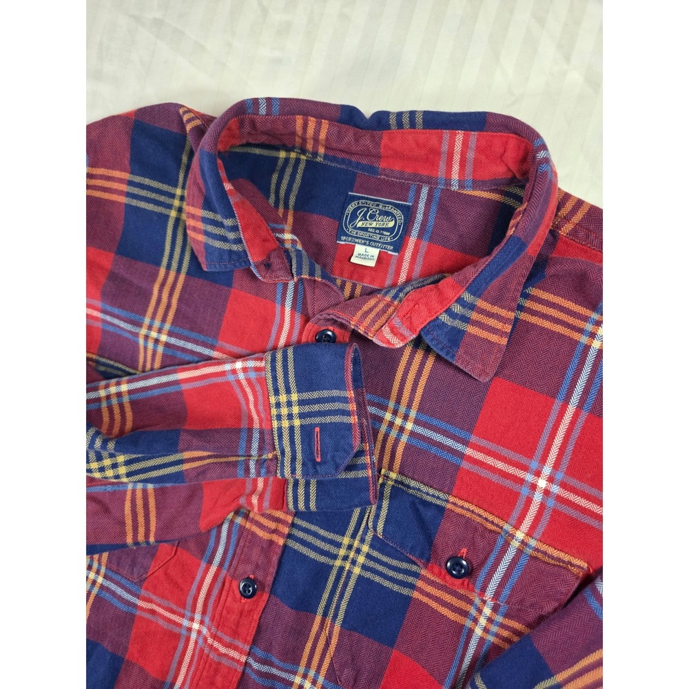 J. Crew Mens Large Red Navy Blue Plaid Flannel Button Down Shirt Long Sleeve L